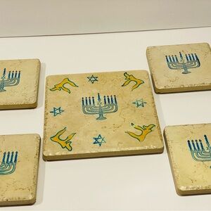 Vintage Jewish Menorah Hanukkah 5 Pieces Ceramic Trivet & Coasters Set